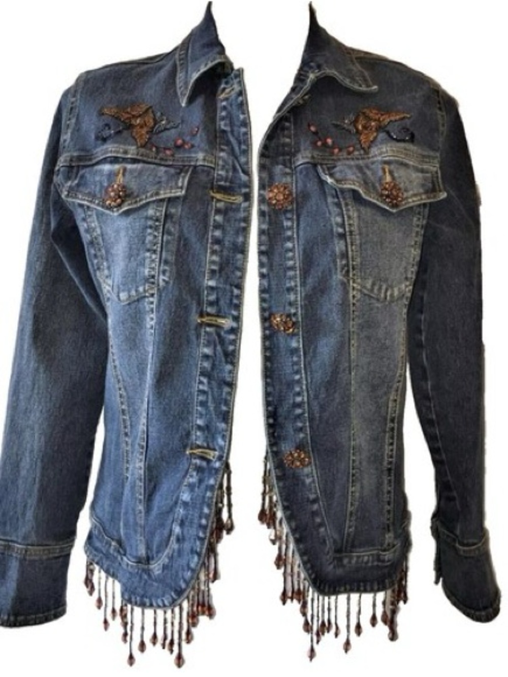 DG2 by Diane Gilman Beaded Dark Blue Denim Jacket with Brown Accents